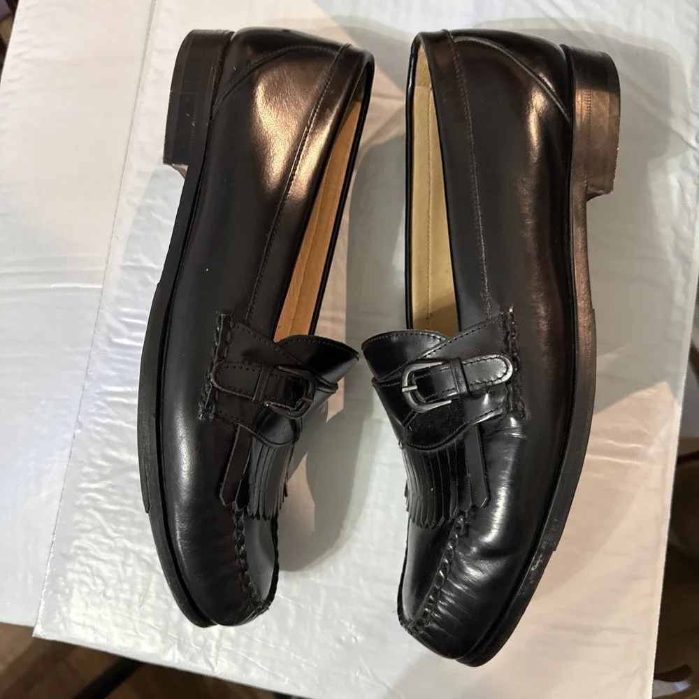 BASS Mens Size 11 Wide Black Leather Monk Strap Fringed Slip On Loafer Shoes